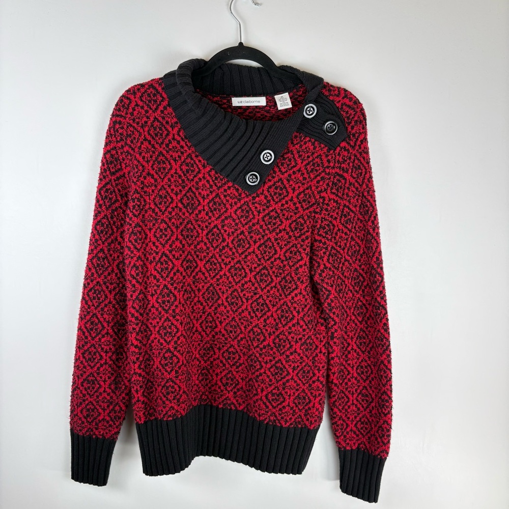 Liz Claiborne Womens Medium Sweater Long Sleeve Shawl Collar Accent Buttons Red